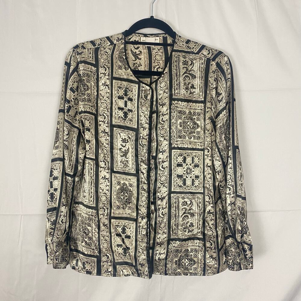 Sarah B Studio Petite Women’s Black Beige Printed Blouse Size L Preowned